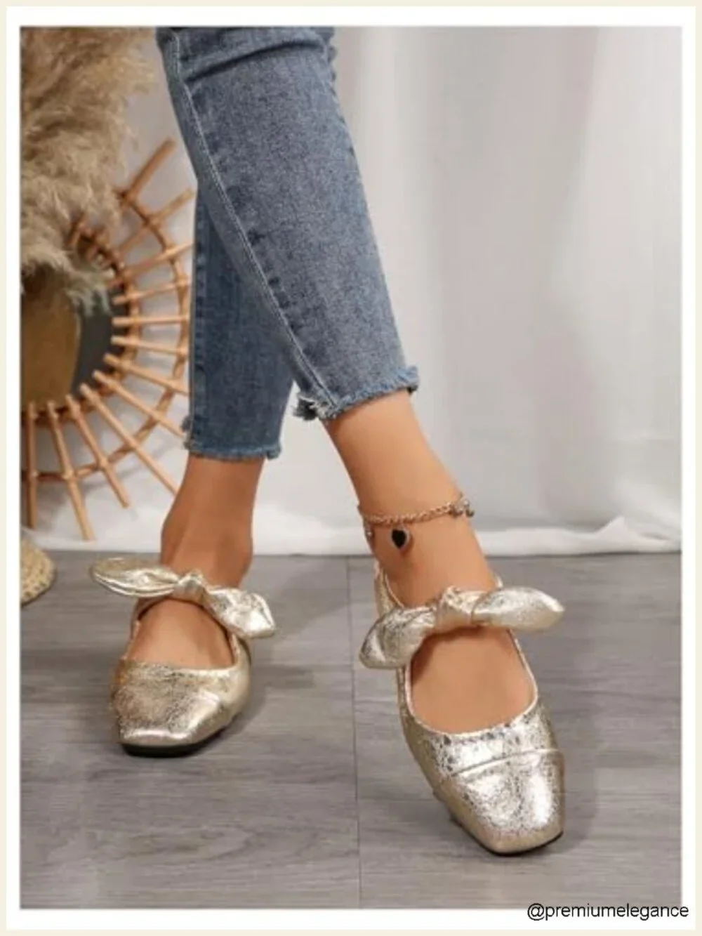 Metallic Ballet Flats Square Toe Bow Ballerina Shoes Synthetic